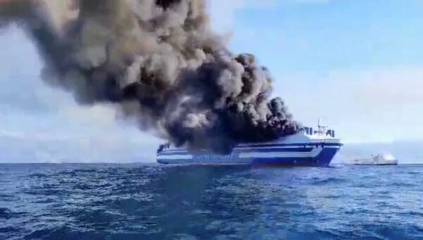 smoke rises from the italian flagged grimaldi euroferry olympia that caught fire off the coast of corfu island