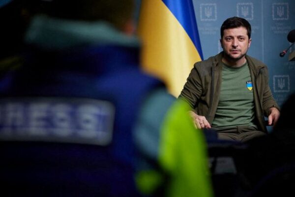 ukrainian president volodymyr zelenskiy attends an interview with foreign media in kyiv