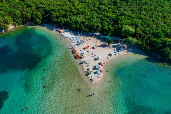 aerial,drone,bird's,eye,view,of,bella,vraka,beach,with