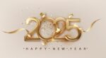 2025 new year with golden golden ribbon festive christmas banner with falling confetti on bright background realistic 2025 golden 3d number vector