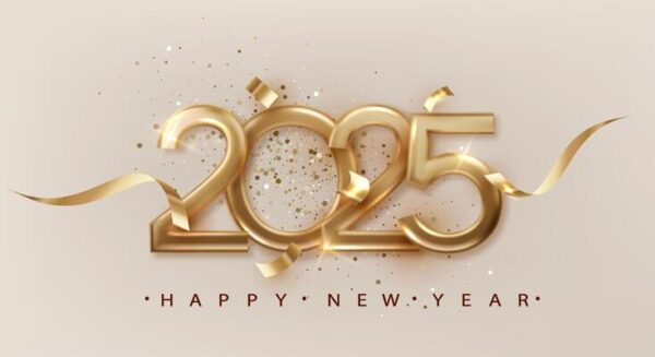 2025 new year with golden golden ribbon festive christmas banner with falling confetti on bright background realistic 2025 golden 3d number vector